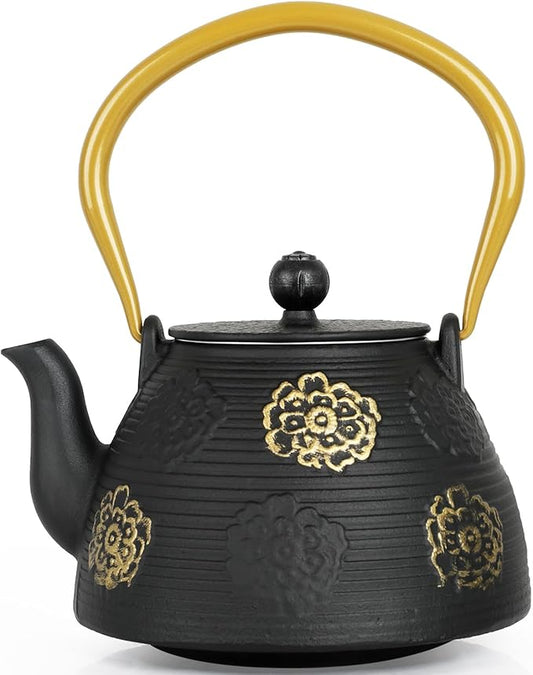 Ufine Cast Iron Teapot with Infuser for Loose Leaf Tea Japanese Style Tea Kettle for Stove Top, Enameled Interior Sakura Design (Black,40oz/1200ml)