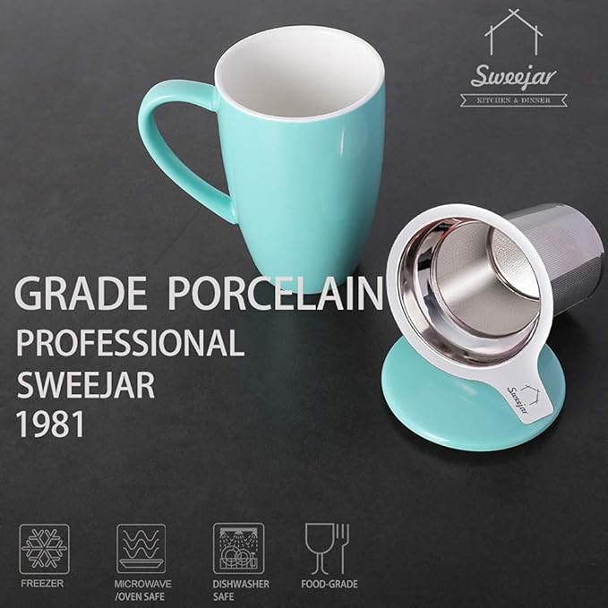 Sweejar Porcelain Tea Infuser Mug with Lid, 16 oz Teacup with Strainers for Loose Leaf Tea, Microwave and Dishwasher Safe Coffee Mug(Turquoise)