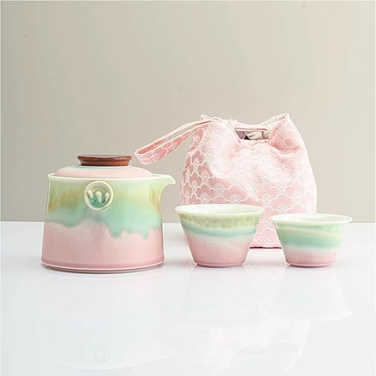 Hermit Life Chinese Travel Tea Set, Portable Ceramic Teapot for One to Two, Gongfu Tea Set with Color Gradient Design, 1 Pot 2 Cups, Gift for Tea Lovers (Pink&Pistachio Green)