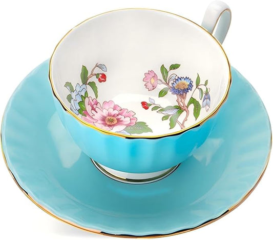 Aynsley Handpainting Colored Glaze Pembroke Oban Fine Bone China English Tea Cup and Saucer Set, 6.1 oz (Turq)
