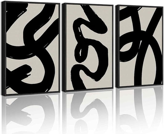 KUVIOKE Black Abstract Framed Wall Art Ink Wash Minimalist Lines Canvas Painting Artwork for Bedroom Hallway 16x24in (Black Framed)