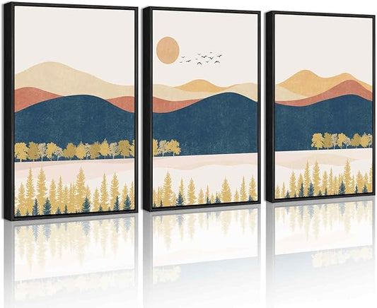 KUVIOKE Bohemain Mountain Landscape Framed Canvas Wall Art Watercolor Nature Artwork Painting Boho Farmhouse Rustic Room Decor for Bedroom Living Room 16x24in (Black Framed)