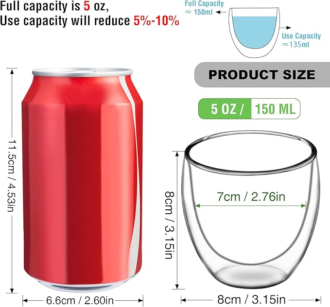 Espresso Cups Set of 4, 5 OZ Expresso Shots Glass Cup, Double Walled Glass Coffee Mugs, Espresso Machine Accessories,Insulated Clear Espresso Shot Glasses Cups,Water Won't Enter Between Double Walls