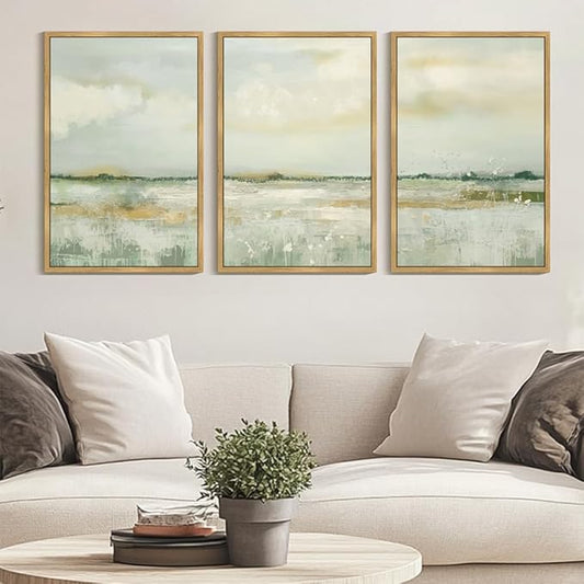 KUVIOKE Abstract Landscape Framed Canvas Wall Art Tan Green Pastel Wall Decor Modern Illustration Art Painting Nordic Calm for Livingroom Bedoom 24x36in (Natural Framed)