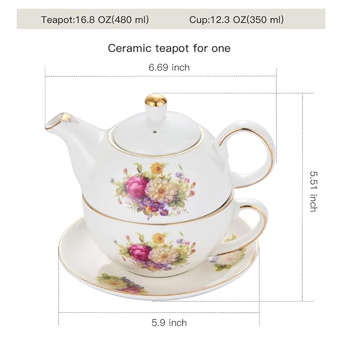 European Porcelain Tea for One, Vintage Floral Teapot and Saucer Set, Gold Trim Floral Teapot, Tea Cup with Saucer Set