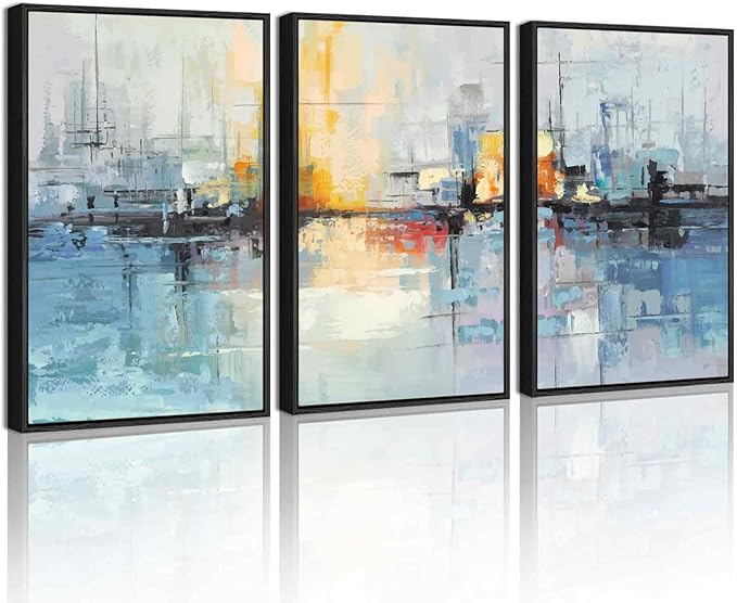 KUVIOKE Navy Blue Abstract Landscape Framed Canvas Wall Art Graffiti Shape Pastel Wall Decor Modern Minimalist Art Painting for Bedroom Dining Room 16x24in (Black Framed)