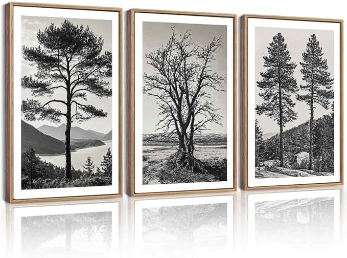 KUVIOKE Vintage Tree Framed Canvas Wall Art Black and White Retro Antique Forest Drawings Nature Wilderness Sketch Wall Painting Modern Decor 16x24in (Natural Framed)