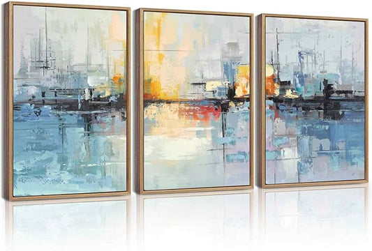 KUVIOKE Navy Blue Abstract Landscape Framed Canvas Wall Art Graffiti Shape Pastel Wall Decor Modern Minimalist Art Painting for Bedroom Dining Room 12x16in (Natural Framed)