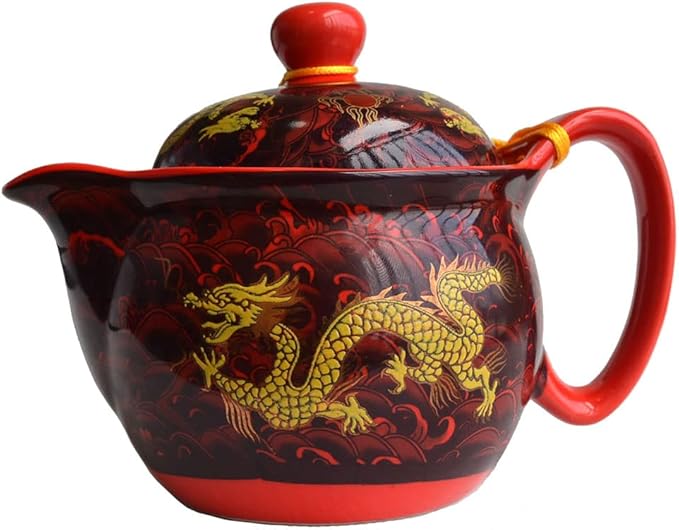Ceramic Teapot With 6 Cups Set Chinese Porcelain Dragon Tea pot with Infuser and Teacup for Home Office Tea Set (red)