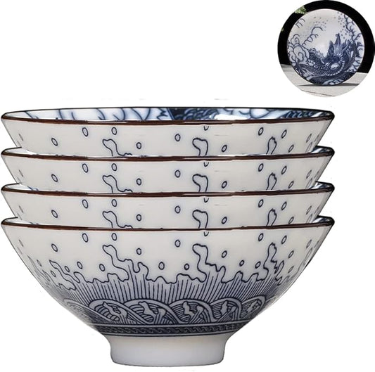 Dargon Teacup 4 Hat Cups 2.8oz Blue and White Porcelain Glazed Tea Cup Chinese Gongfu Tea Set