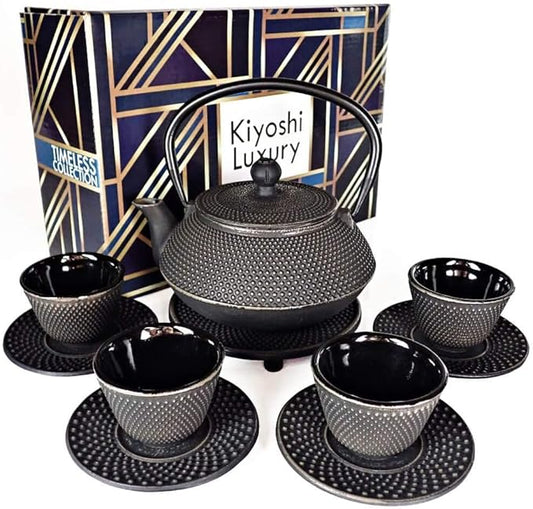 Large 11PC Japanese Tea Set "Gashu Black" Cast Iron Tea Pot 26Oz with 4 Tea Cups (2Oz each), 4 Saucers, Loose Leaf Tea Infuser and Trivet Ceremonial Matcha Accessories
