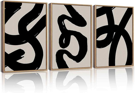 KUVIOKE Black Abstract Framed Wall Art Ink Wash Minimalist Lines Canvas Painting Artwork for Bedroom Hallway 12x16in (Natural Framed)