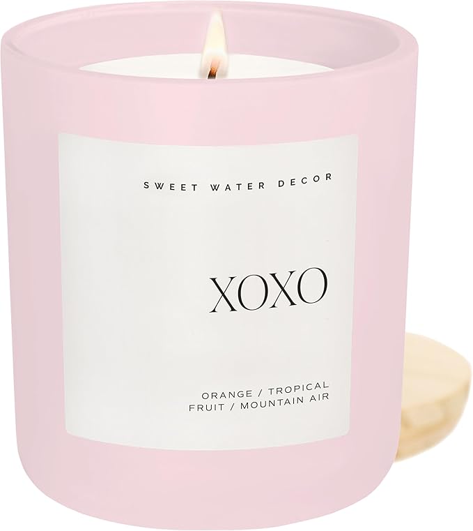 Sweet Water Decor XOXO Scented Candles - Soy Candles with Tropical Fruits, Lemons & Redolent with Lightly Exotic Mountains Greens - Candle Wax with 70 Hours Burn Time - 15Oz Pink Matte Jar Candles