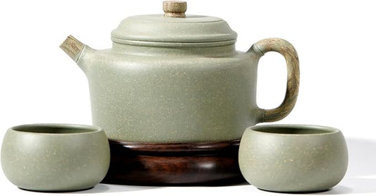 Zisha Hu 10.5 Oz,Genuine Yixing Cyan Clay Teapot with 2 Cups, Chinese Craftsman Handmade Infurse Kung Fu Tea Pot Set -Dezhong
