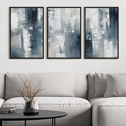 KUVIOKE Navy Blue and Gray Abstract Framed Canvas Wall Art Brush Strokes Block Shape Pastel Wall Decor Modern Minimalist Art Painting for Bedroom Dining Room 24x36in (Black Framed)