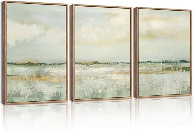 KUVIOKE Abstract Landscape Framed Canvas Wall Art Tan Green Pastel Wall Decor Modern Illustration Art Painting Nordic Calm for Livingroom Bedoom 12x16in (Natural Framed)