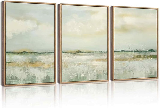 KUVIOKE Abstract Landscape Framed Canvas Wall Art Tan Green Pastel Wall Decor Modern Illustration Art Painting Nordic Calm for Livingroom Bedoom 12x16in (Natural Framed)
