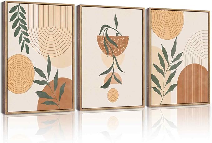 KUVIOKE Boho Wall Art Framed Canvas Botanical Mid Century Modern Wall Printing Neutral Abstract Geometric Prints Bohemain Sage Decor for Farmhouse Living Dining Room 12x16in (Natural Framed)