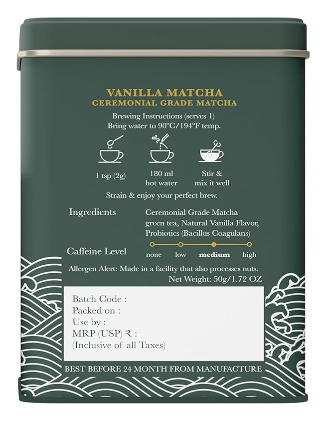 Luxmi Estates Vanilla Matcha with Priobiotics (50 g) Organic Matcha Tea, Rich in Antioxidants, Tea for Relaxing