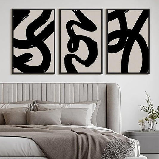 KUVIOKE Black Abstract Framed Wall Art Ink Wash Minimalist Lines Canvas Painting Artwork for Bedroom Hallway 24x36in (Black Framed)