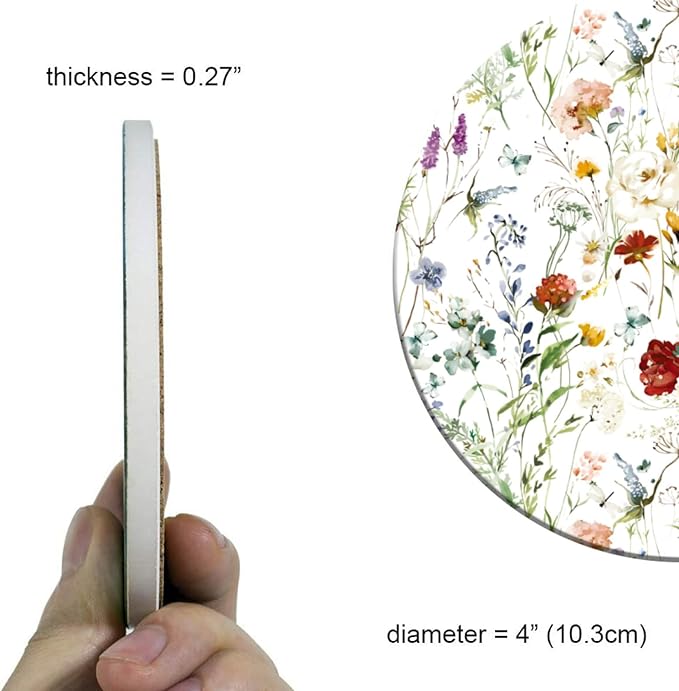 Coasters Set of 6 Watercolor Flowers Pattern Ceramic Drink Coaster with Cork Base Modern Style Coasters for Mugs and Cups Office Kitchen 4 in