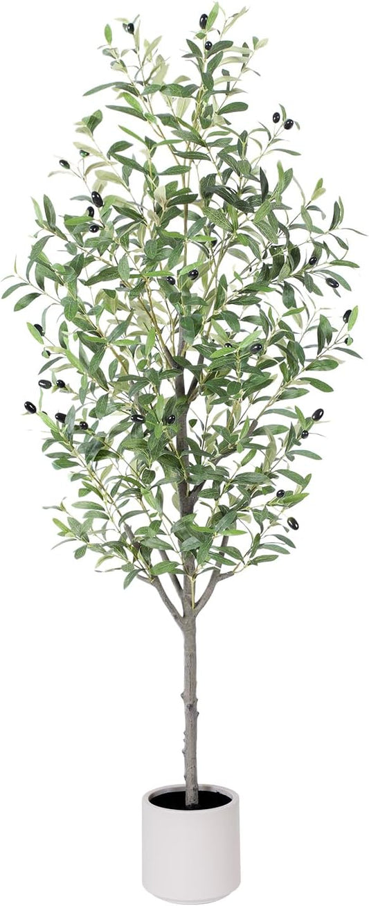 Olive Tree Artificial Indoor, 5ft Tall Silk Faux Olive Tree with White Planter, Artificial Plants with Natural Wood Trunk and Lifelike Fruits for Home Office Decor