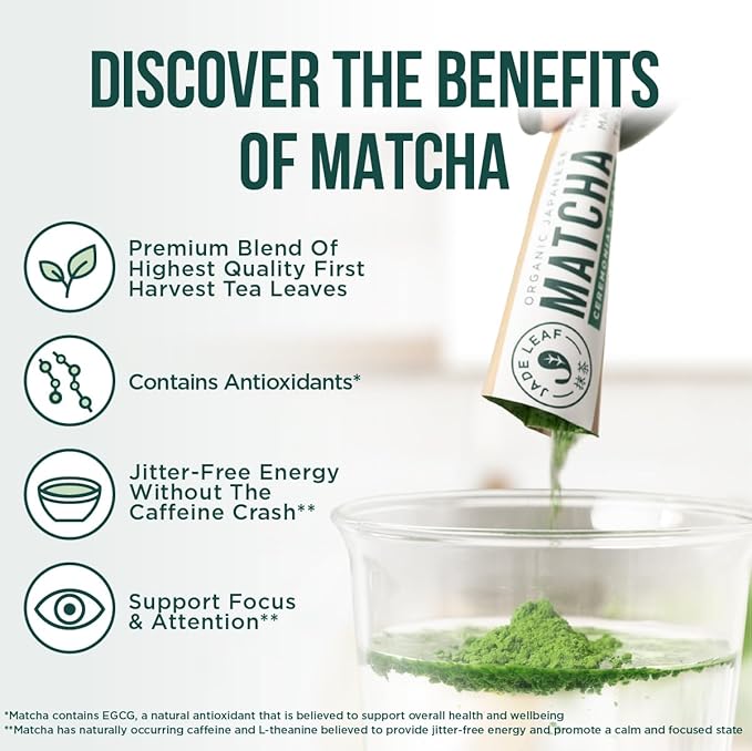Jade Leaf Matcha Organic Premium Ceremonial Grade Matcha Green Tea Powder - Japanese - Culinary, Ingredient, Ceremonial Barista Teahouse, Latte, Collagen, 0.04 Ounce (Pack of 30), Ceremonial Matcha