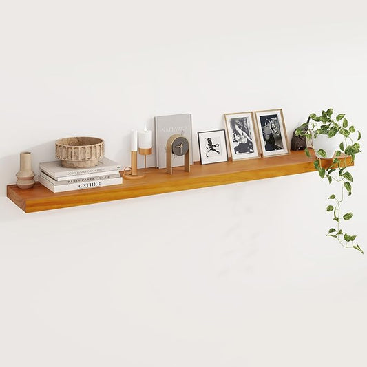 Fun Memories Wood Floating Shelves Set of 1, Rustic Pine Wood Floating Shelves for Wall Mounting, Wide Wall Shelf for Home Decor and Storage, 55" W x 7" D, Honey Oak