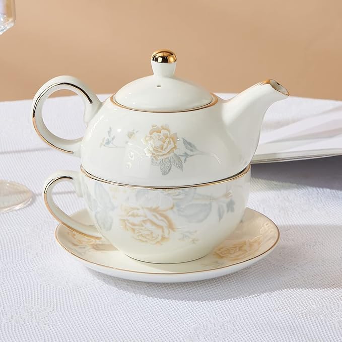 Tea for One Porcelain Teapot and Cup Set, Tea Set for One, Floral Teapot, Gold Rose Tea Set Gift for Women