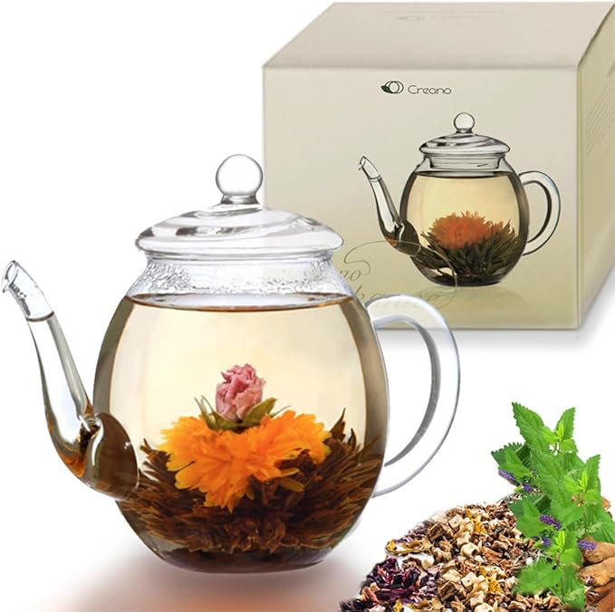 Creano glass teapot 17 oz (500ml), with glass lid, ideal for preparing teaflowers or tea bags, drip-free
