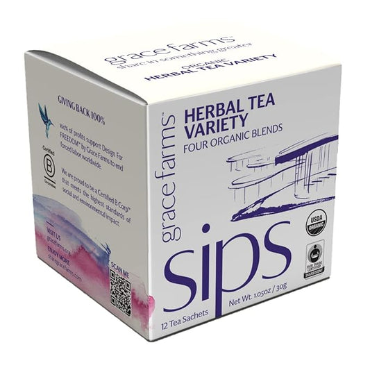 Grace Farms HERBAL TEA VARIETY Box (12 Enveloped Sachets) | 4 Naturally Sweet, Caffeine Free Flavors | Chamomile Citrus, Hibiscus Orange, Spearmint Rose, & Rooibos Chai | Organic, Fair Trade & Kosher | Gives Back 100% of Profits