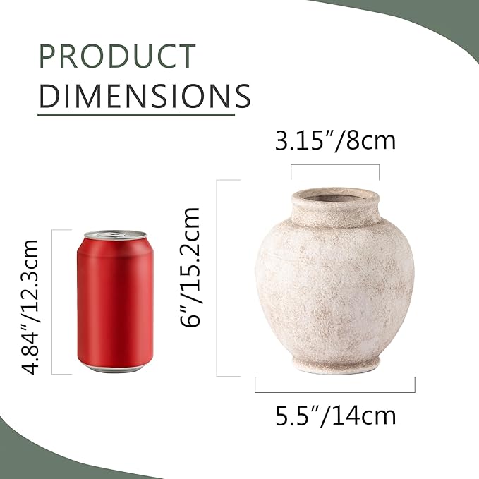 Ceramic Rustic Vase, 6 Inch Small Flower Farmhouse Vase Decorative Vase Short Pottery Vases for Home Decor Table Living Room Entryway Mantel Bookshelf Bedroom Bathroom Kitchen - Rustic White