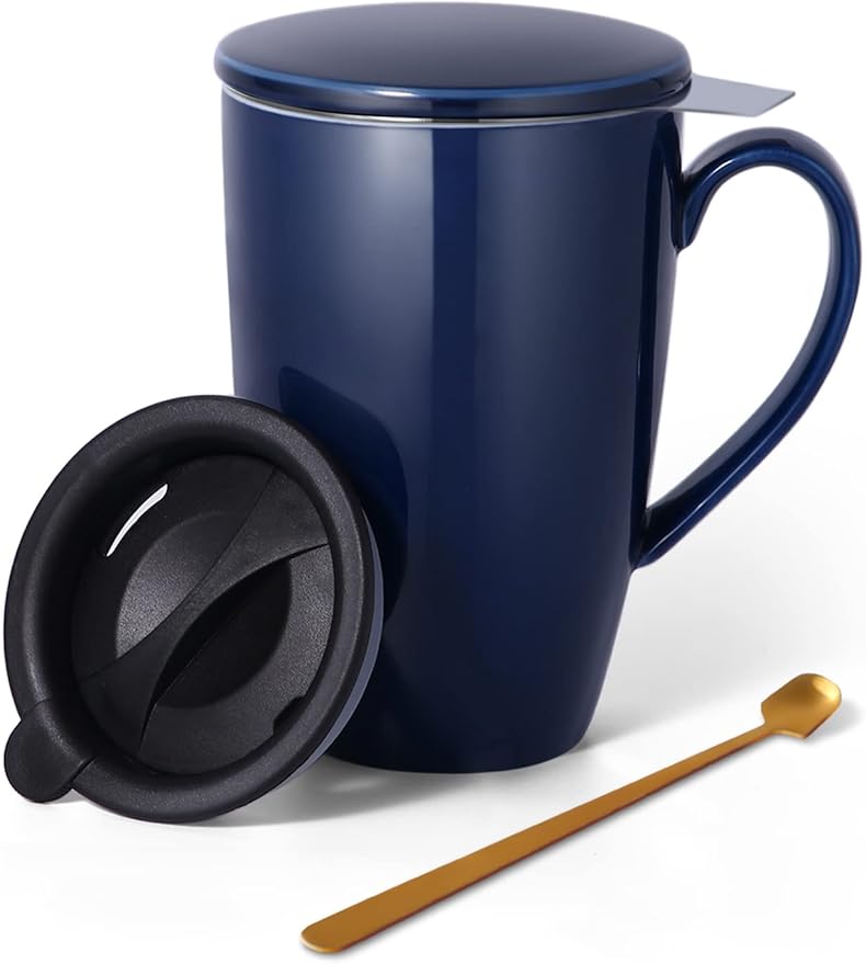 Tea Cup with Infuser and Lid, 17 oz Large Tea Infuser Mug with 2 Lids, Ceramic Teacups for Women, Men, Kids, Loose Leaf, Gifts