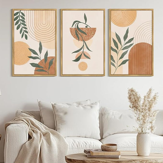 KUVIOKE Boho Wall Art Framed Botanical Mid Century Modern Wall Printing Neutral Abstract Geometric Prints Bohemain Sage Decor for Farmhouse Living Dining Room 24x36in (Natural Framed)