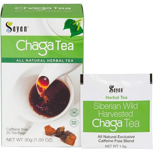 Sayan Siberian Chaga Mushroom Tea 1.05 Oz / 30g – 20 Unbleached Bags, Wild Harvested Organic Antioxidant No Caffeine. Raw and Extract Blend. Immune, Digestion Support. Detox, Focus Energy Boost