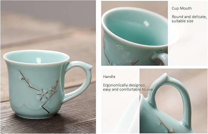 KEYDUACU Japanese Tea Set, Celadon Ceramic Tea Set, Plum Blossom Embossed, Includes 1 Teapot, 6 Anti-scald Teacups,Tea Tray,Strainer, Home, Outdoor, Gift, Chinese Kung Fu Tea Set(FDMH-FT-CYAN)