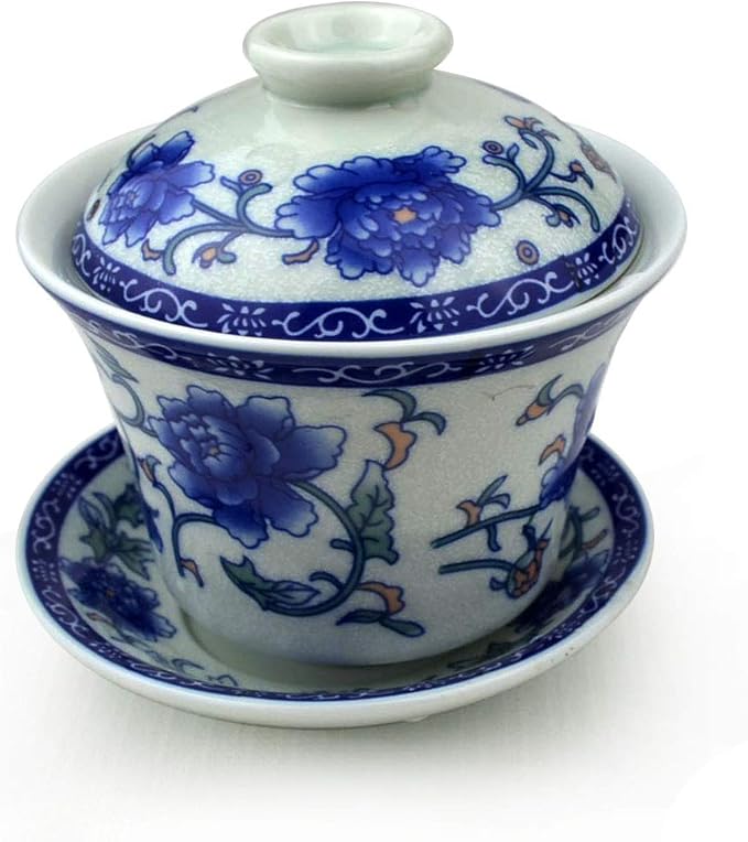 Gaiwan 5.5oz Chinese Penoy Teacup Qinghua Porcelain Cup Gongfu Tea Set (Peony)