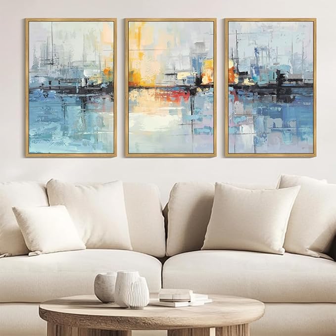 KUVIOKE Navy Blue Abstract Landscape Framed Canvas Wall Art Graffiti Shape Pastel Wall Decor Modern Minimalist Art Painting for Bedroom Dining Room 24x36in (Natural Framed)