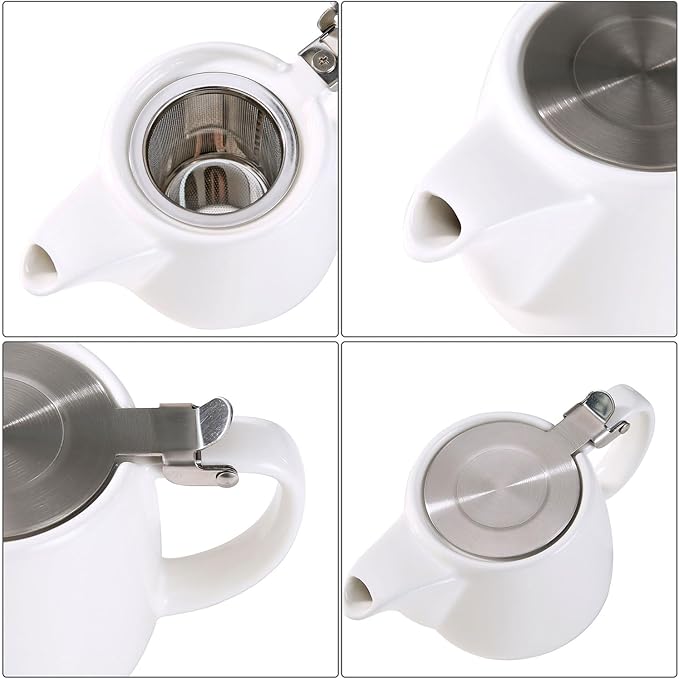Ceramic Teapot With Stainless Steel Infuser, Heat Resistant, Perfect Tea Maker, White, 500ml/17oz