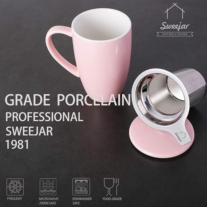 Sweejar Porcelain Tea Infuser Cup with Lid, 16 oz Tea Cup with Strainers for Loose Leaf Tea, Microwave and Dishwasher Safe Coffee Mug, Tea Steeping Mug for Tea Drinkers,Christmas Gift (Pink)