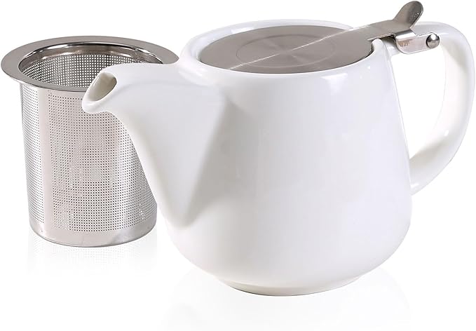 Ceramic Teapot With Stainless Steel Infuser, Heat Resistant, Perfect Tea Maker, White, 500ml/17oz