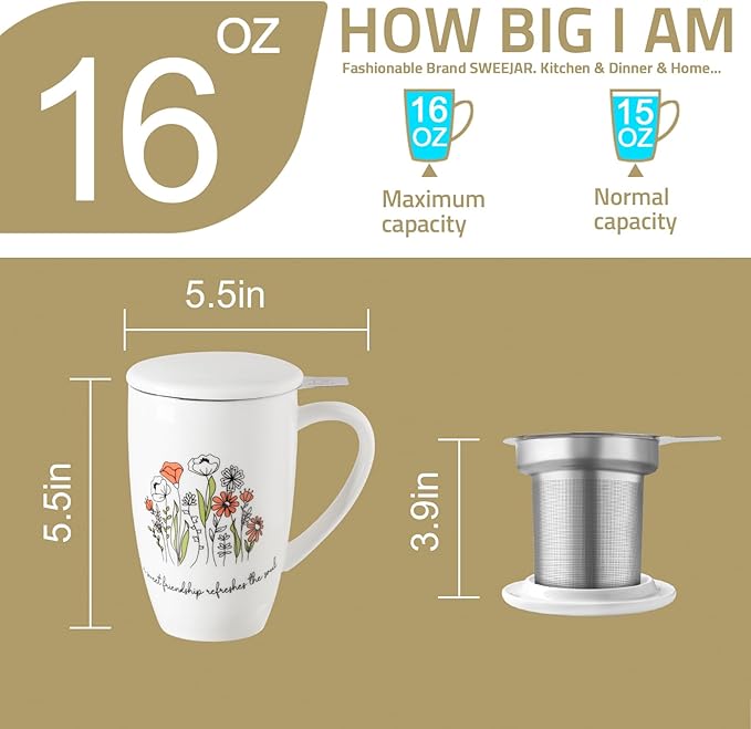 Sweejar Porcelain Tea Infuser Mug with Lid, 16 oz Teacup with Strainers for Loose Leaf Tea, Microwave and Dishwasher Safe Coffee Mug(Cerulean Lotus)