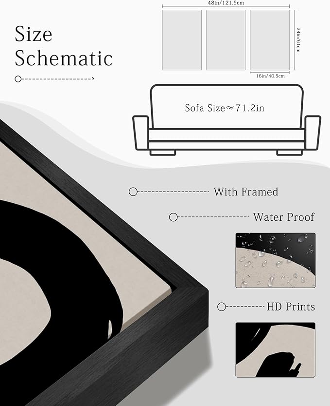 KUVIOKE Black Abstract Framed Wall Art Ink Wash Minimalist Lines Canvas Painting Artwork for Bedroom Hallway 16x24in (Black Framed)