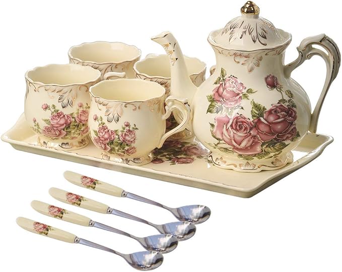 YOLIFE Porcelain Tea Set Vintage Rose, Tea Cups with Teapot, Serving Tray and Teaspoon Service for 4, Suitable for Tea Party Gifts