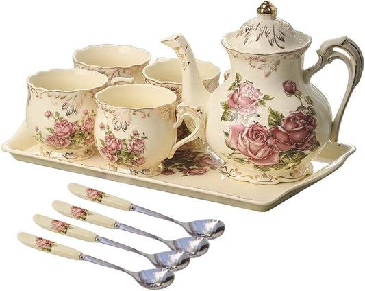 YOLIFE Porcelain Tea Set Vintage Rose, Tea Cups with Teapot, Serving Tray and Teaspoon Service for 4, Suitable for Tea Party Gifts