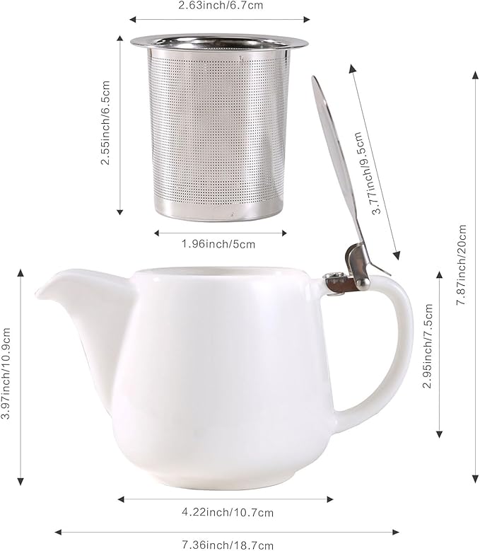 Ceramic Teapot With Stainless Steel Infuser, Heat Resistant, Perfect Tea Maker, White, 500ml/17oz