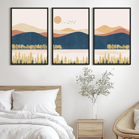 KUVIOKE Bohemain Mountain Landscape Framed Canvas Wall Art Watercolor Nature Artwork Painting Boho Farmhouse Rustic Room Decor for Bedroom Living Room 24x36in (Black Framed)