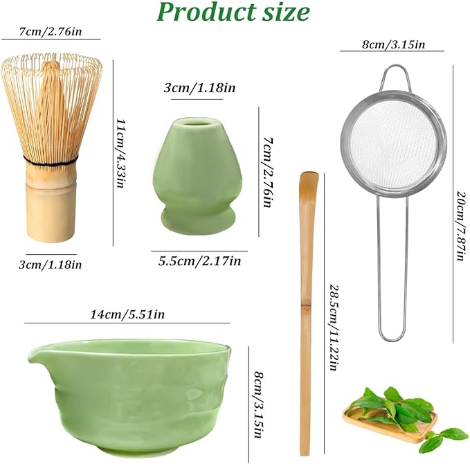 5 in 1 Japanese Matcha Set, Matcha Bowl with Spout, Matcha Whisk Holder, Bamboo Matcha Whisk and Bamboo Scoop, 16 oz Mottled Tea Green Glaze Ceramic Matcha Kit for Tea Lovers (Green)