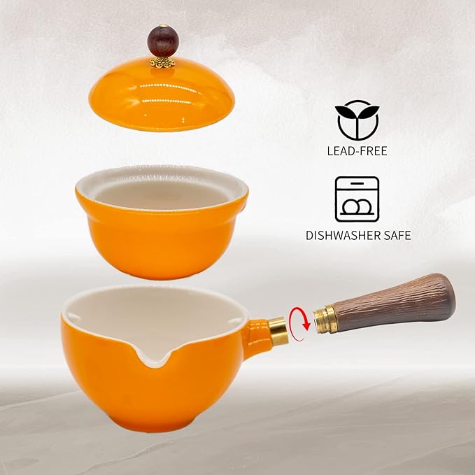 LURRIER Porcelain Chinese Gongfu Tea Set,Portable Teapot Set with 360 Rotation Tea maker and Infuser,Portable All in One Gift Bag for Travel,Home,Gifting,Outdoor and Office(Orange)