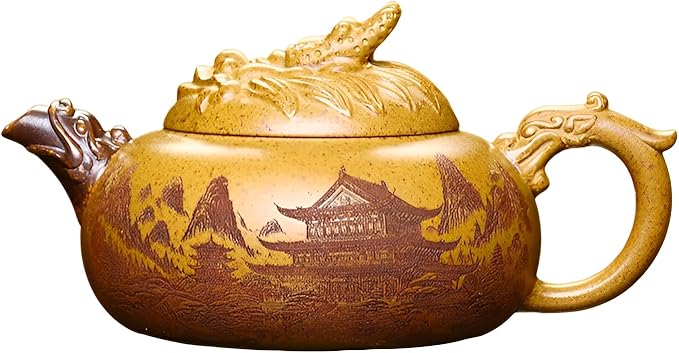 Genuine Yixing Clay Teapot 12 Oz, Chinese Handmade Golden Yellow Clay Zisha Tea Pot,Infuse Brew Kung Fu Tea Maker -Dragon